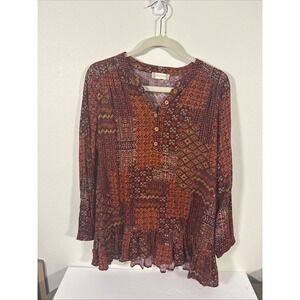 altar's state Boho Long Sleeve 4/4 Button Neck Blouse Small Ruffled Bottom Y1